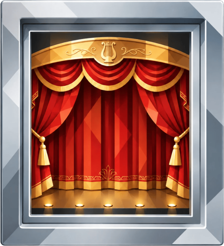 A vault opening onto a theatre stage with red curtains